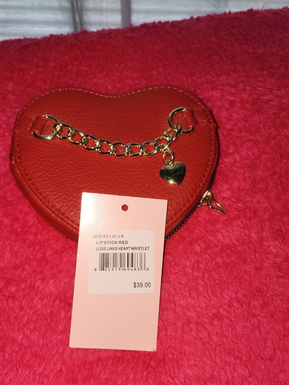 Lipstick Red Heart Wristlet with Gold Chain Charm